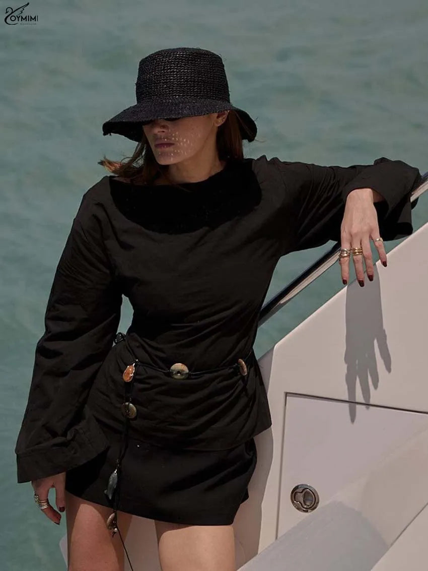 Oymimi Fashion Black Cotton Women's Blouse Elegant O-Neck Long Sleeve Loose Blouses Casual New Solid Lace-Up Blouses Streetwear