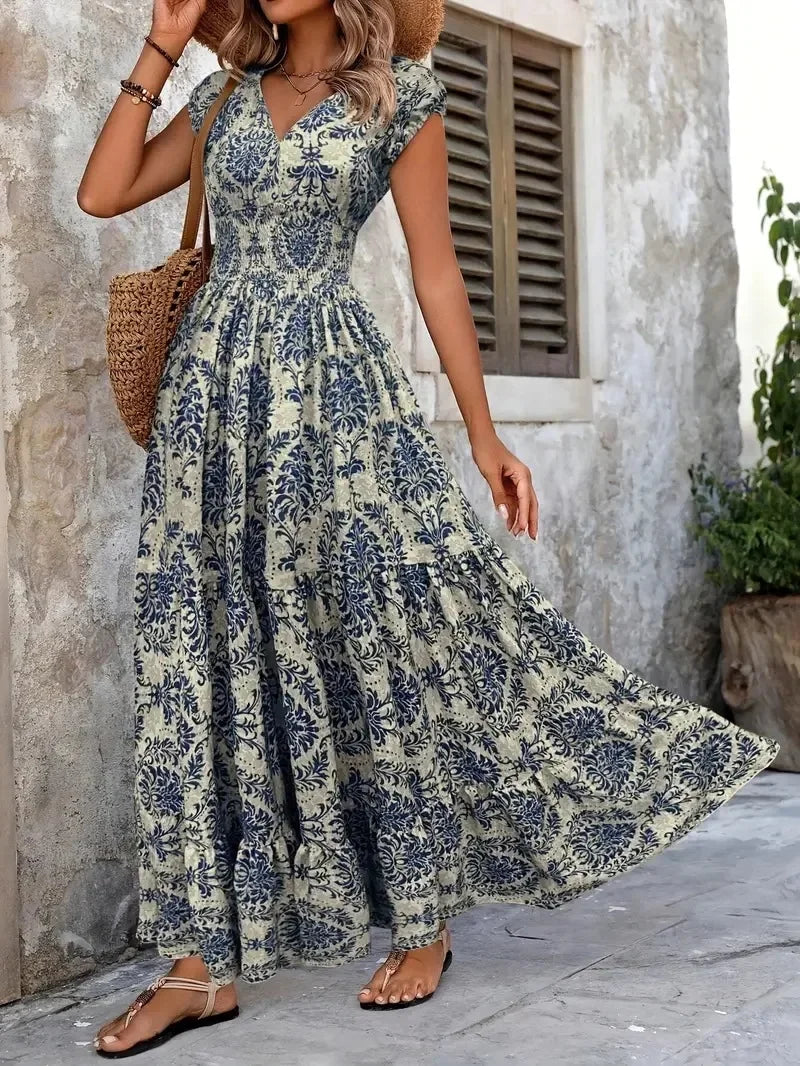 Bohemian Floral Printed V Neck Midi Dress For Women