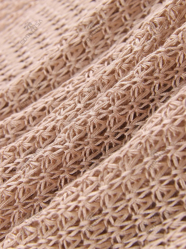 Sexy Slim Low-cut Tie Knit Halter Cut Out Circle Decoration High Slit Beach Maxi Dress 2025 Women Summer Swimsuit Cover Up K88