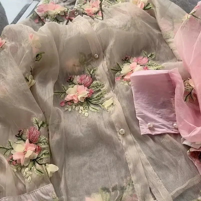 Breathable Embroidered Floral Chiffon Two Piece Set for Women