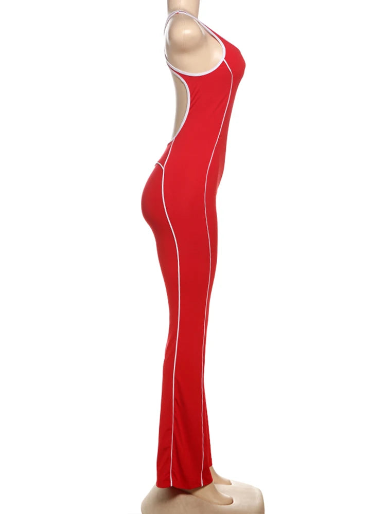 Cutenew Panelled Stripe Women Jumpsuits Casual Summer Sporty O-neck Sleeveless Backless Skinny Overalls Female Active One Piece