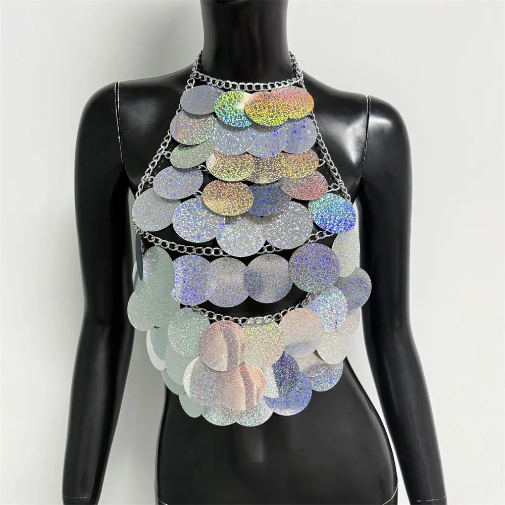 Shimmering Sequin Halter Tassel Crop Top for Women
