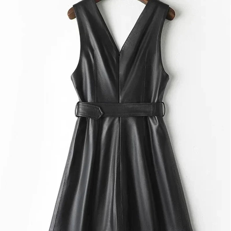 Elegant Sleeveless V Neck Leather Mini Dress With Belt For Women