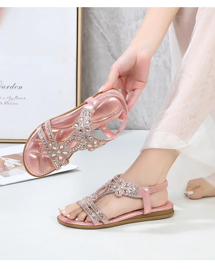 Bohemian Rhinestone Openwork Flat Sandals For Women