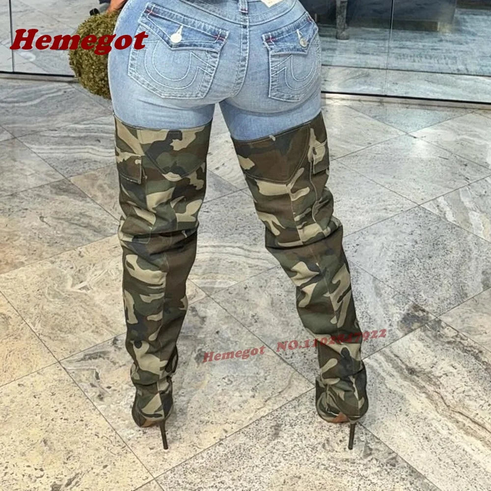 Camouflage Pocket Decor Pointy Toe Over The Knee Boots for Women