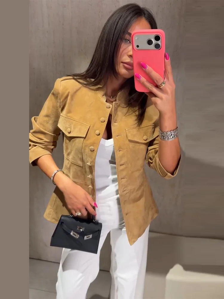 Vintage Stand Collar Single Breasted Military Coat For Women