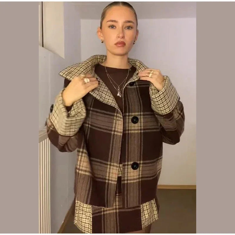 Elegant Chic Loose Fit Grid Coat and Skirt Set for Women