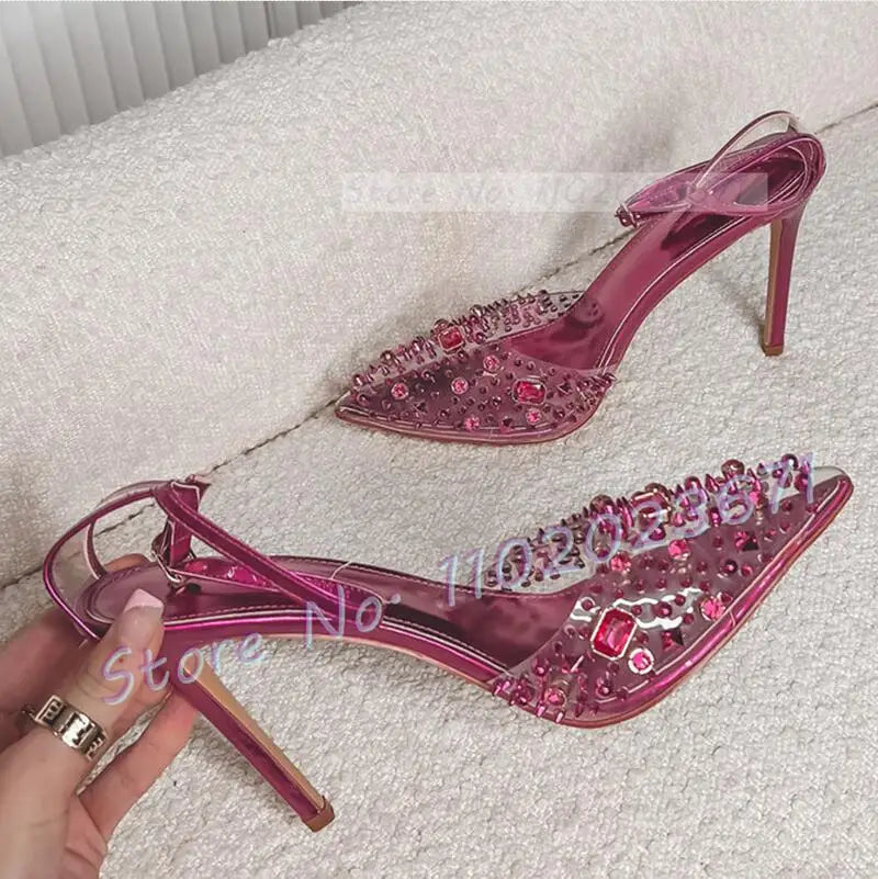 Clear Crystal Studded Pointy Toe Ankle Strap Sandals For Women
