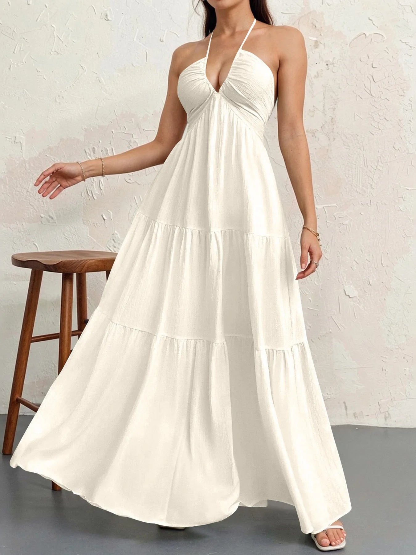 Summer 2026 Women's Trendy Deep V Shoulder Bohemian Style Dress with Belt for Wedding Festival Party Casual Wear
