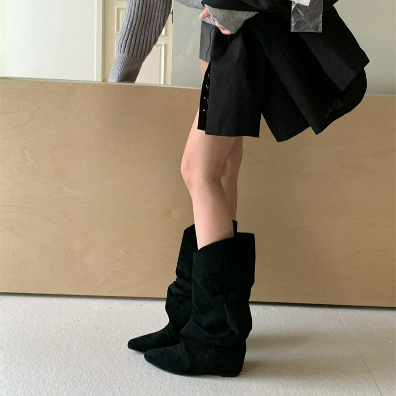 Pleated Pointed Toe Mid Calf Western Boots for Women