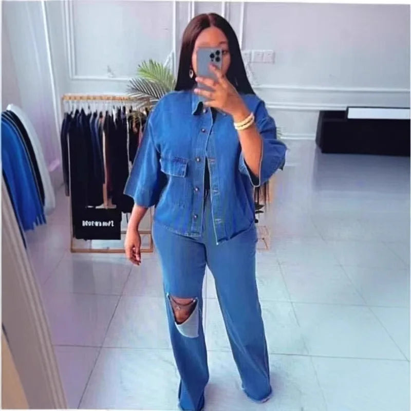 Denim Pant Set Women Two Piece Sets Turn Down Collar Matching Sets Single Breasted Shirt Tops Wide Leg Long Pants High Waist