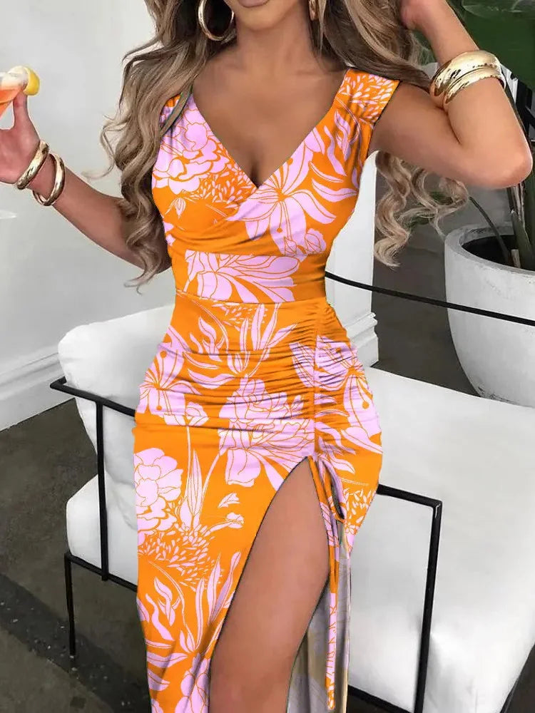Elegant V-Neck High-Slit Sleeveless Midi Dress for Women