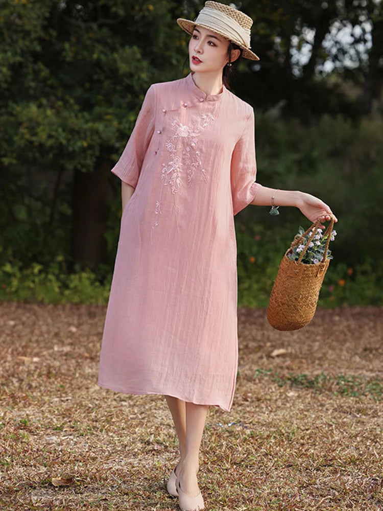 Elegant Floral Embroidered Ramie + Cheongsam Dress + for Women