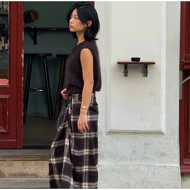 Women Checked Midi Skirt Fashion Casual Pleated Irregular High Waist Slim Mid-length Bottom Lady Daily New Commute Street Skirts