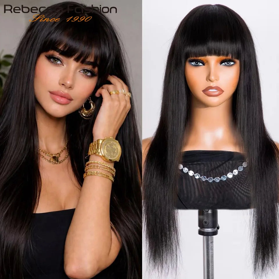 Glueless Straight Human Hair Wig With Bangs for Women
