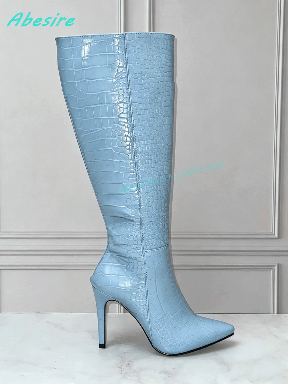 Burgundy Crocodile Pattern Knee High Boots Pointed Toe Stiletto Heel Side-Zipper Women's Boots Retro Sexy Daily Party Shoes