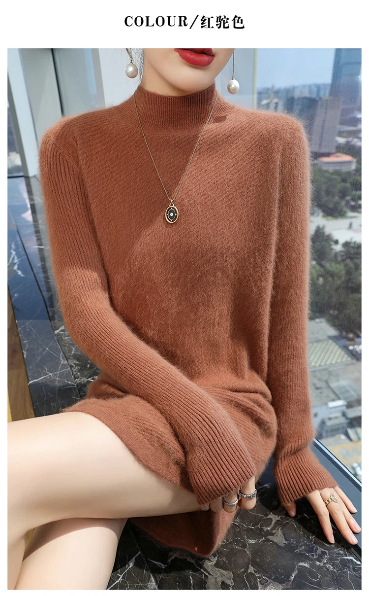 Warm Loose Fit Jacquard Knit High Neck Knee Length Dress for Women