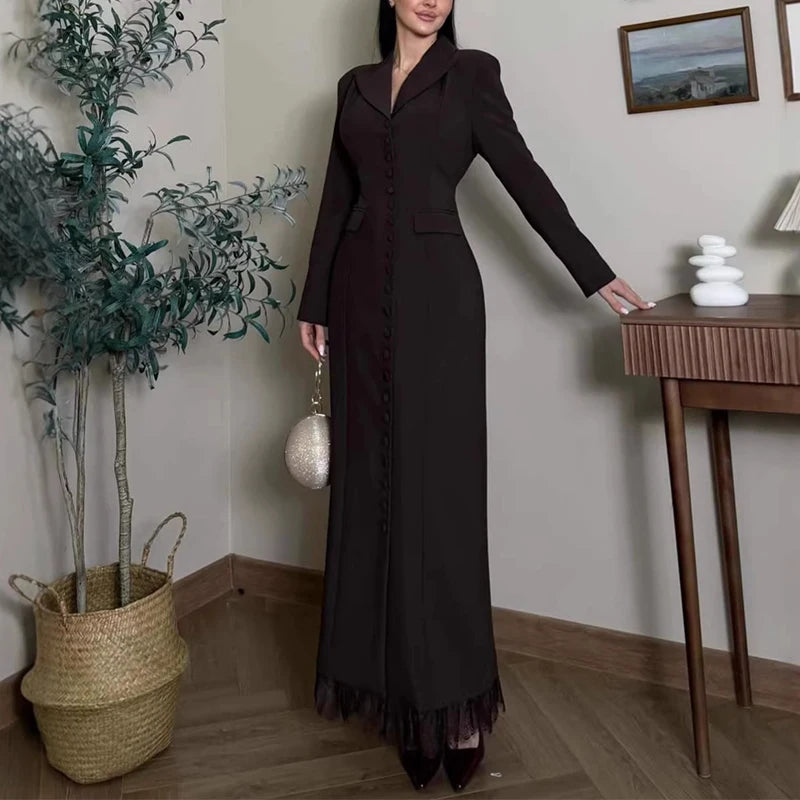Spring Sexy V-neck Single Breasted Long Dress Women's Causal Long Sleeve Solid Color Party Dress Elegant Commute Tassel Dresses