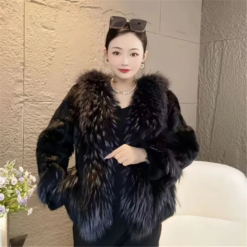 Real Rex Rabbit Fur Coat Women Autumn Winter Short Jacket Thick Warm New Raccoon Dog Fur Collar Elegant Female Warm Outerwear