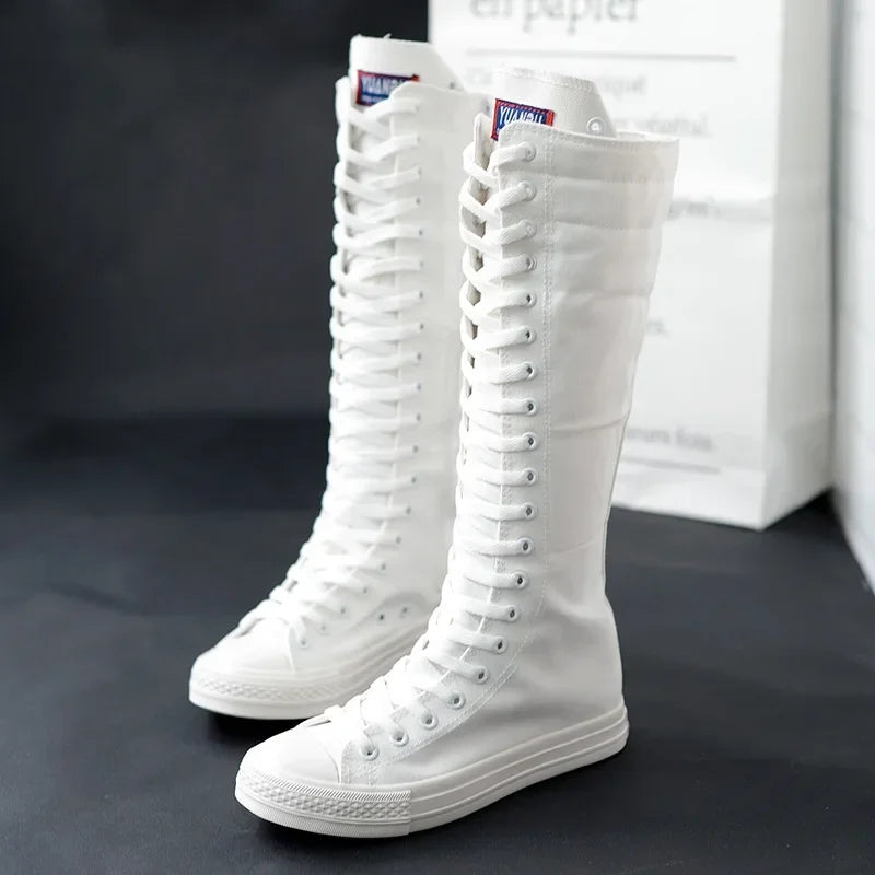 Casual Lace-Up Canvas Mid-Calf Flat Boots for Women