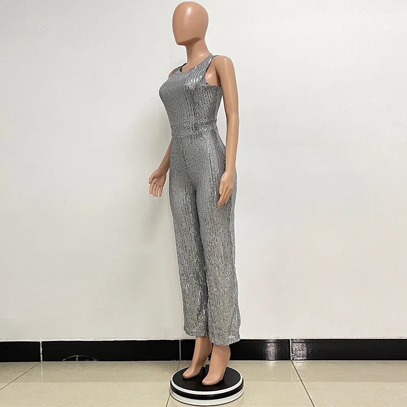 Elegant Silver Sequined Straight Cut Jumpsuit for Women