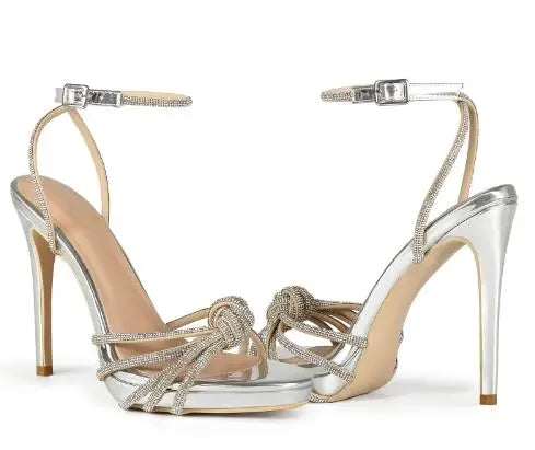 Crystal Rhinestone Knot Open Toe Sandals with Ankle Buckle for Women