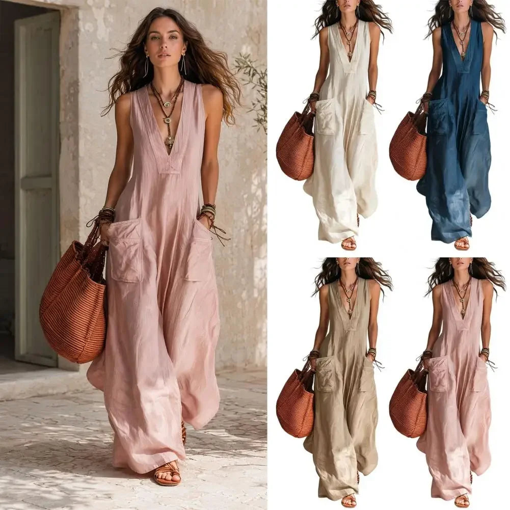 Sleeveless V Neck Loose Wide Leg Casual Jumpsuit For Women