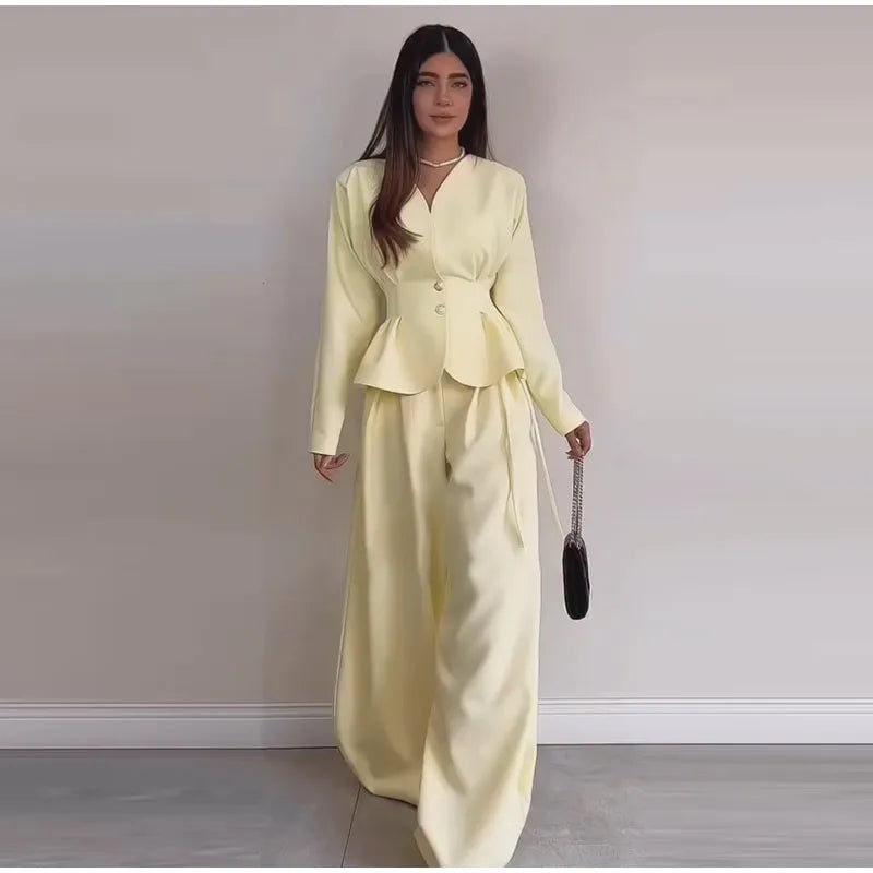 V-Neck Ruffle Coat and Wide Leg Pants Two-Piece Set for Women