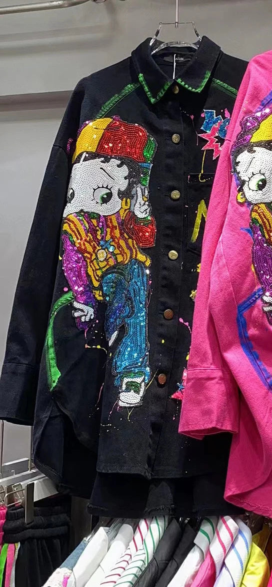 Casual Loose Sequined Denim Long Sleeve Turn Down Collar Jacket For Women