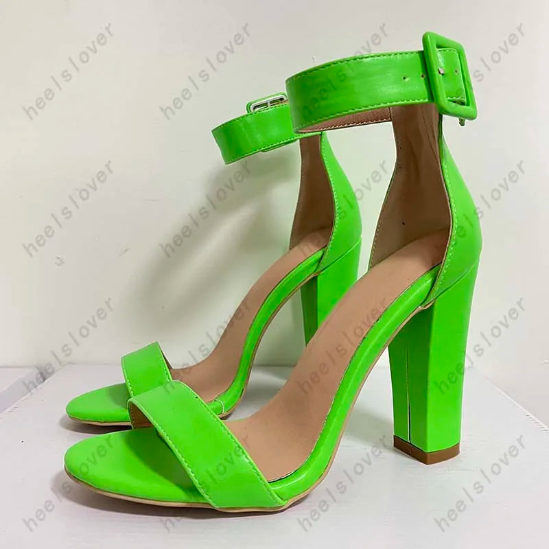 Elegant Green Square Toe Buckle Strap Heeled Sandals For Women