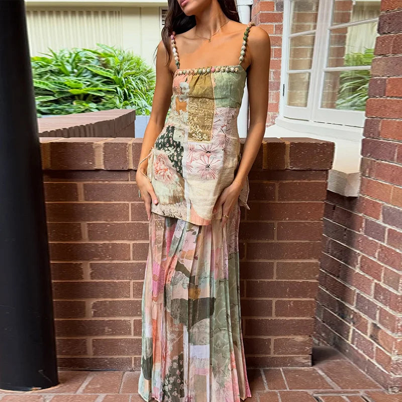 Long Printed Patchwork A-line Beaded Sleeveless Backless Dress for Women