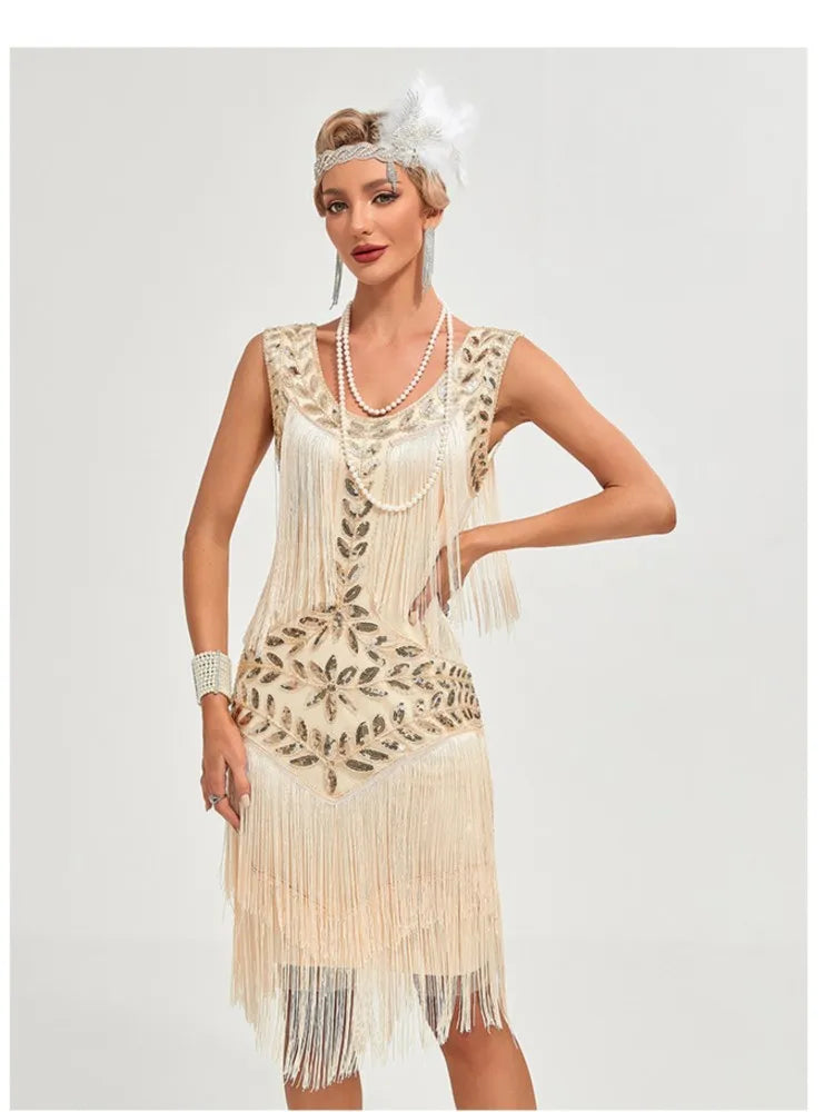 Sequined Beaded Embroidery O Neck Knee Length Dress for Women