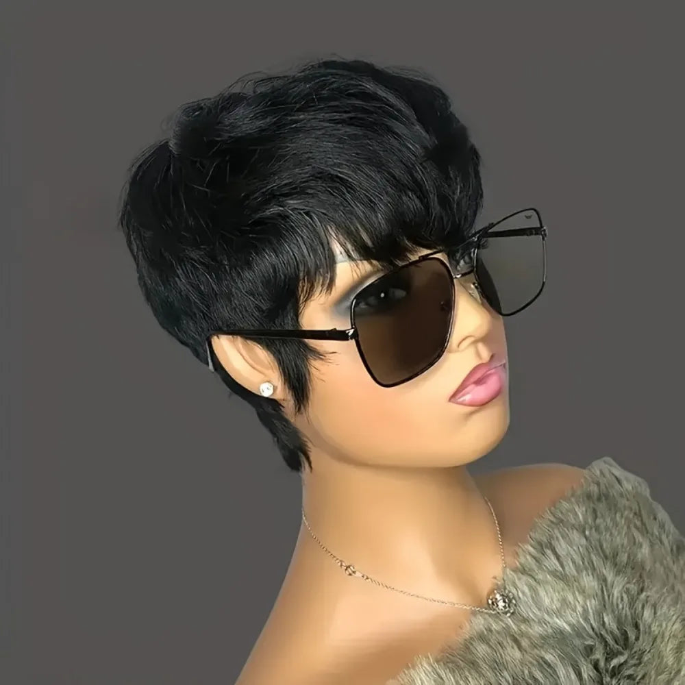 Natural Short Layered Straight Human Hair Wig for Women