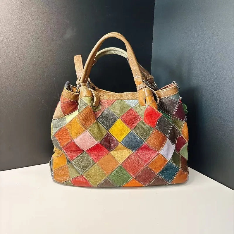 ABQP New Women's Handbag Made of Genuine Leather Hand Woven Women's Single Shoulder Crossbody Bag Color Spliced Women's Bag