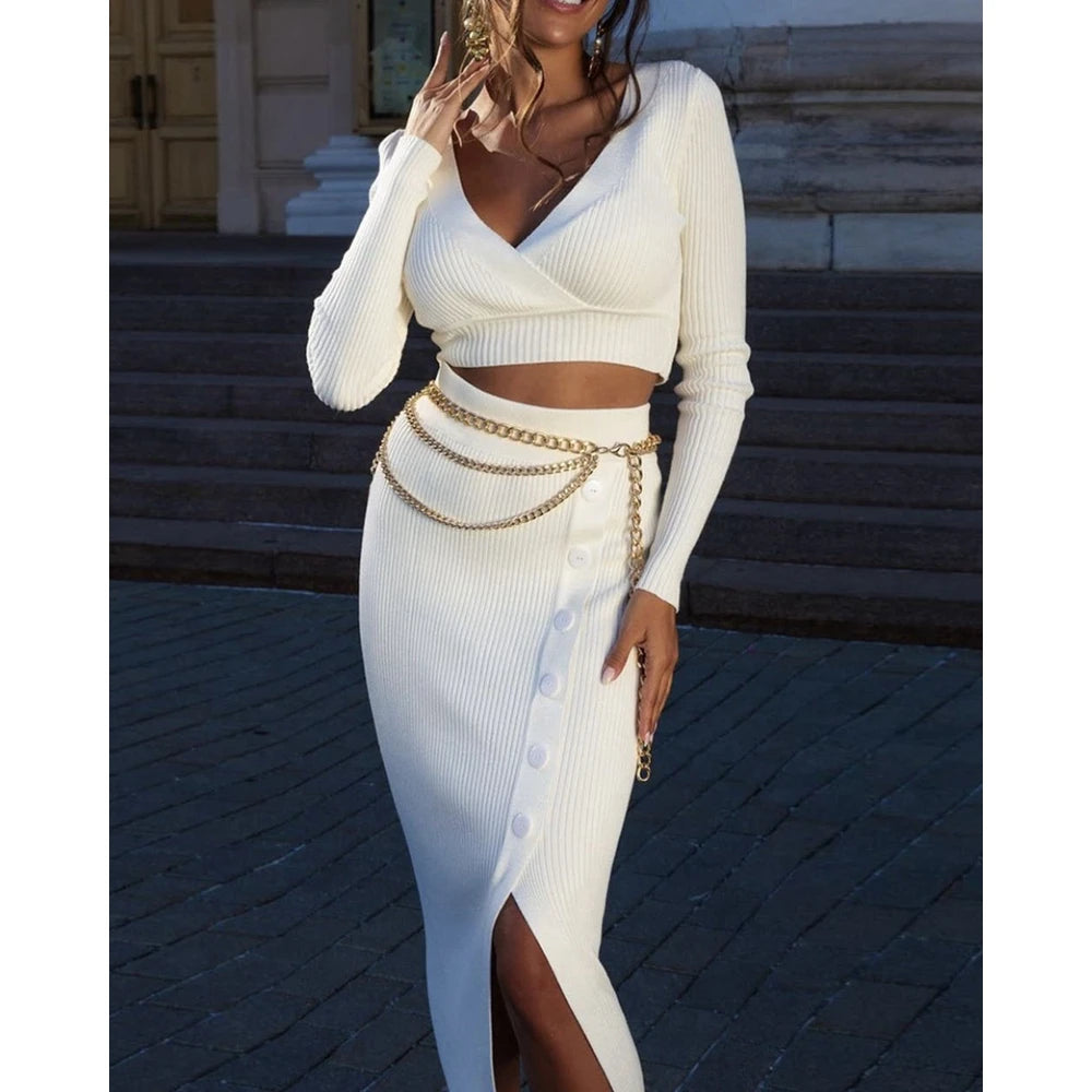 Casual Autumn Women V-Neck Long Sleeve Ribbed Knit Top & Button Slit Midi Skirt Set Slim Fit Two Pieces Dress Set