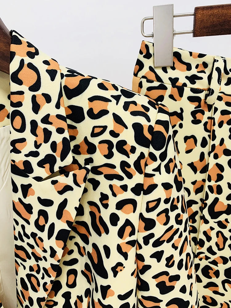 HIGH STREET Newest Fashion 2026 Designer Suit Set Women's Single Button Leopard Printed Color Block Blazer Flare Pants Suit