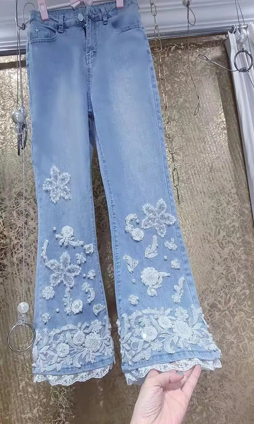 Luxury Design Embroidered Flares Denim Long Pant for Women's Pants pantalones de mujer Woman Clothing Ladies Trousers