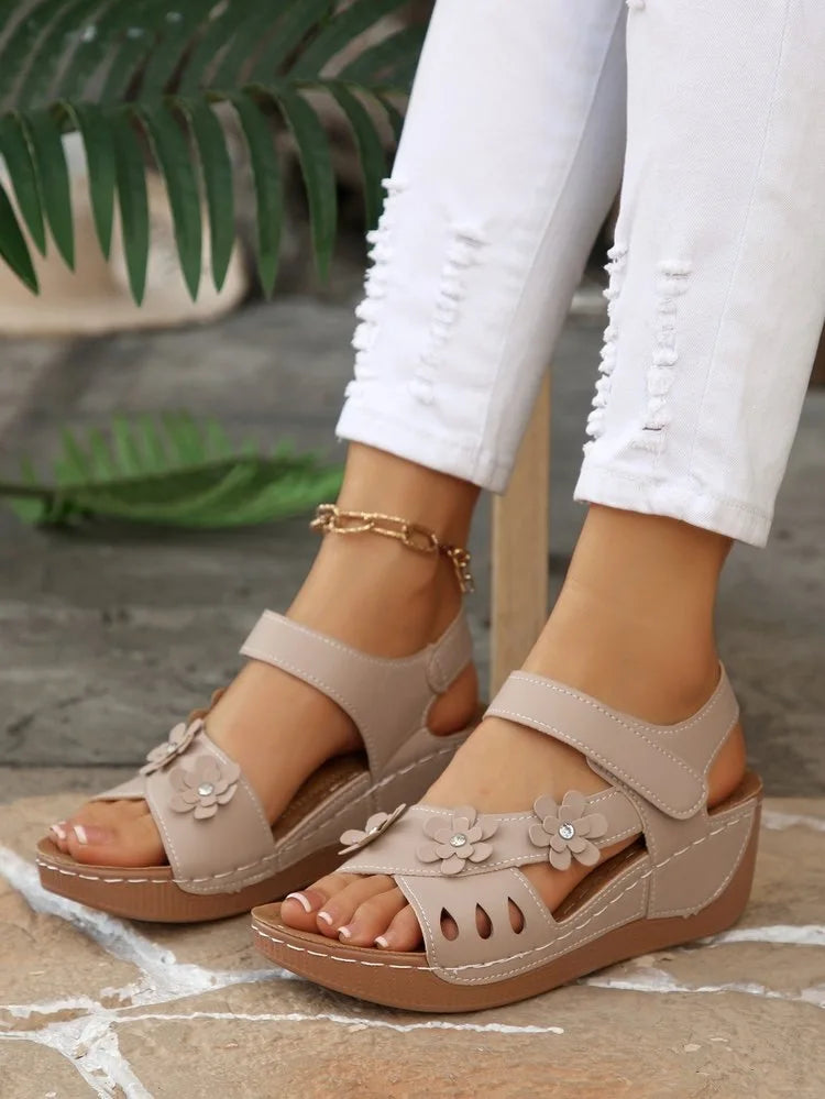 Modern Floral Buckle Wedge Sandals
