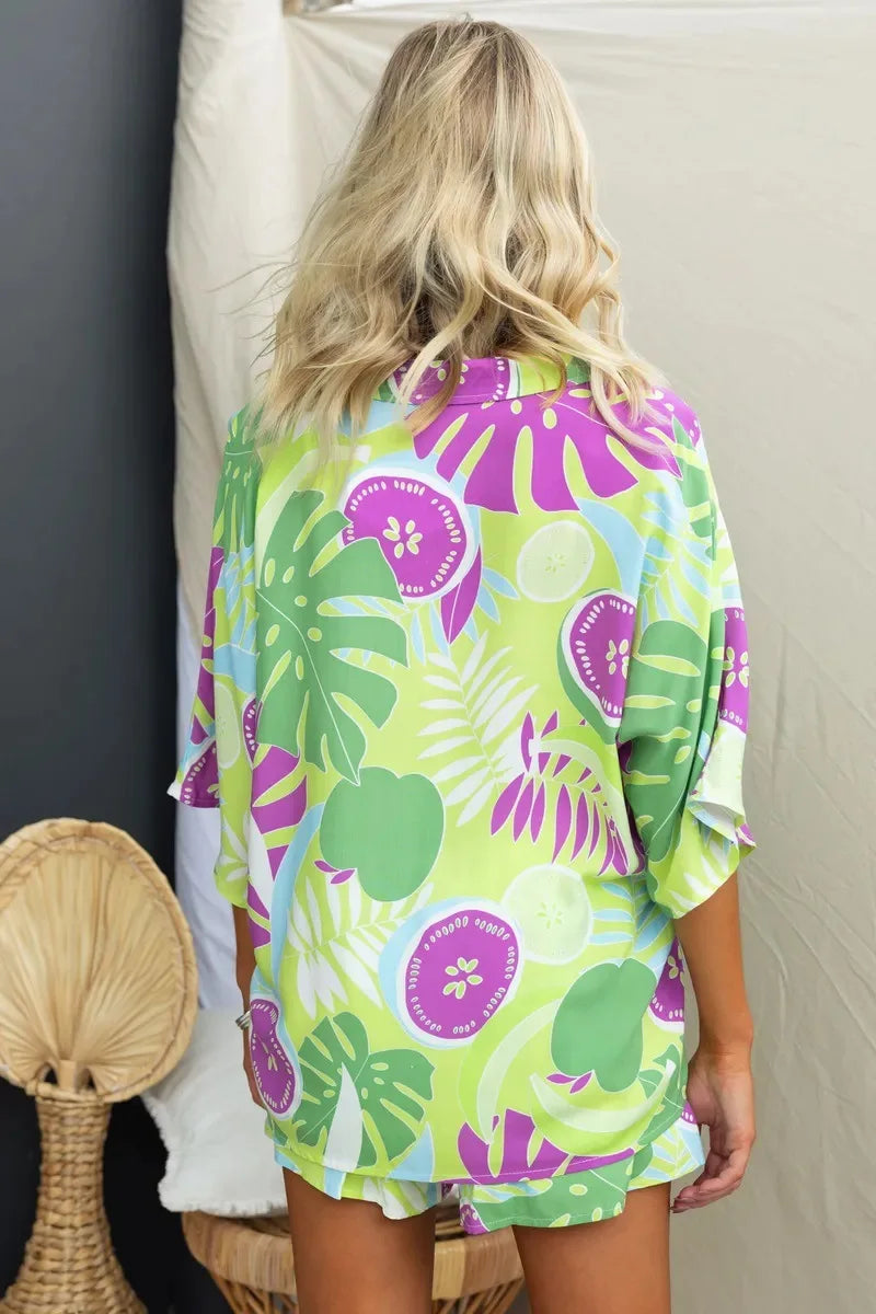 Summer Women Retro Print Short Sleeve 2PCS Loose Suits Casual V-Neck Shirt Top Elastic Waist Short Pants Sets Beachwear
