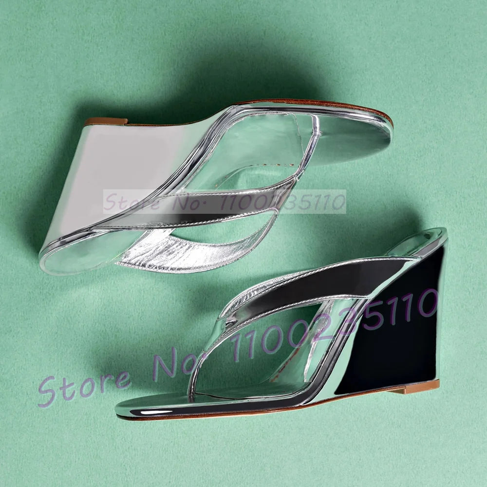 Glossy Patent Leather Thong Mules With Wedge Heel For Women