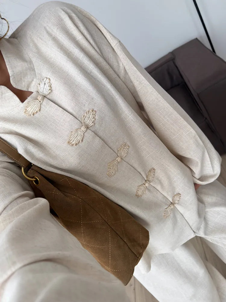 Casual Cotton Coat And Wide Leg Trouser Set for Women