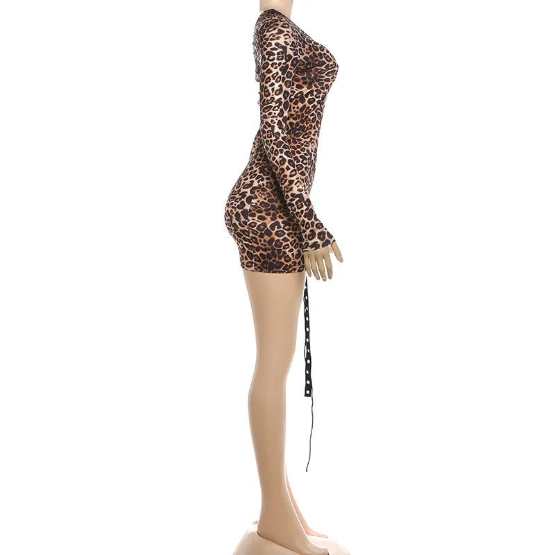 Leopard Print Off Shoulder Backless Bandage Patchwork Dress for Women