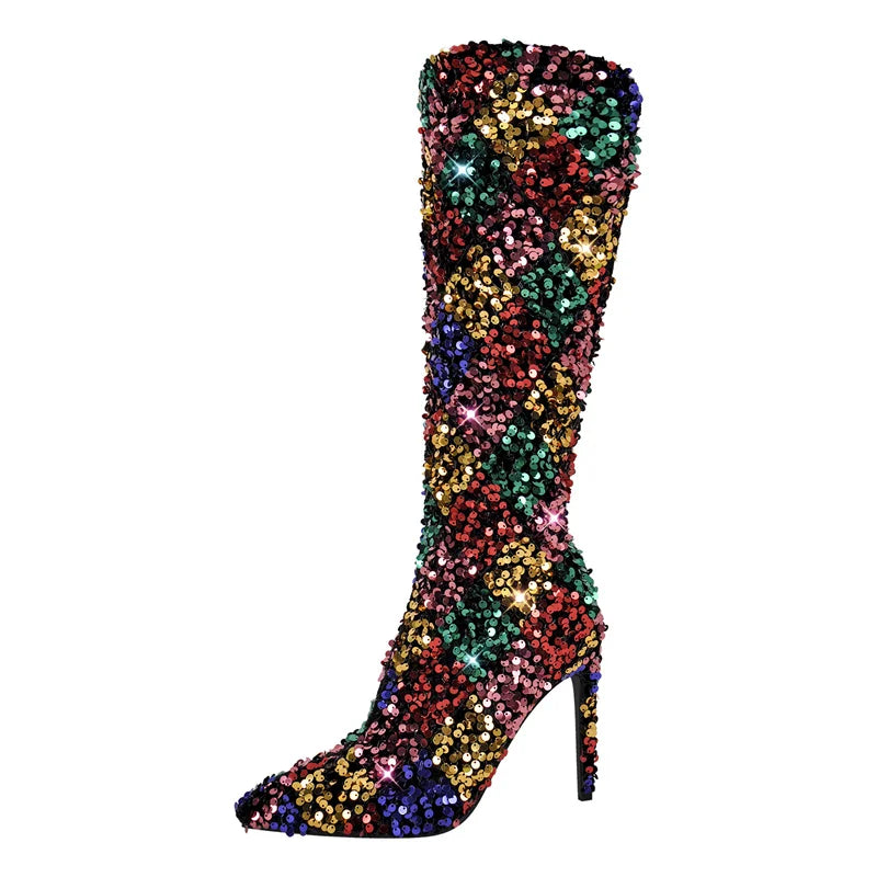 Winter Warm Pointed Toe Stiletto High Heel Mid Calf Faux Fur Boots for Women