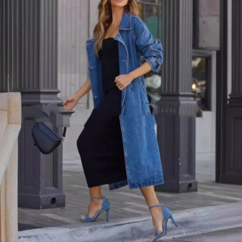 ANJY Autumn Winter New Women Fashion Elegant Denim Trench Coat Ins Streetwear Turn-Down Collar Lace-Up Button Long Jacket A13025