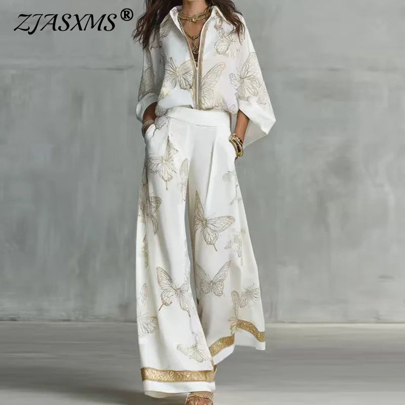 Butterfly Print Two Piece Shirt And Wide Leg Pants Set for Women