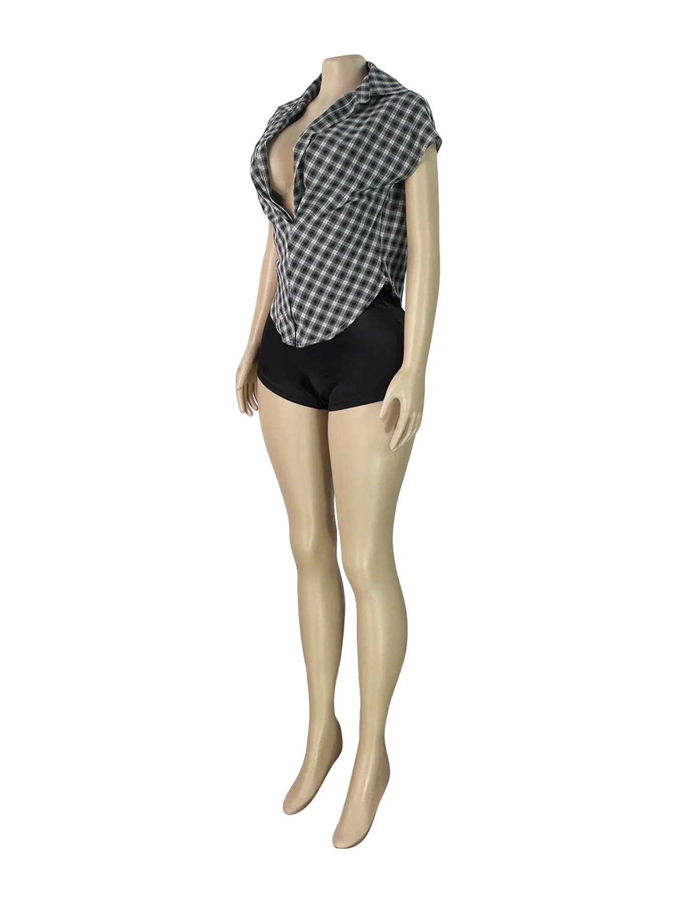 Plaid Print Deep V Neck Sleeveless Hollow Two Piece Set for Women