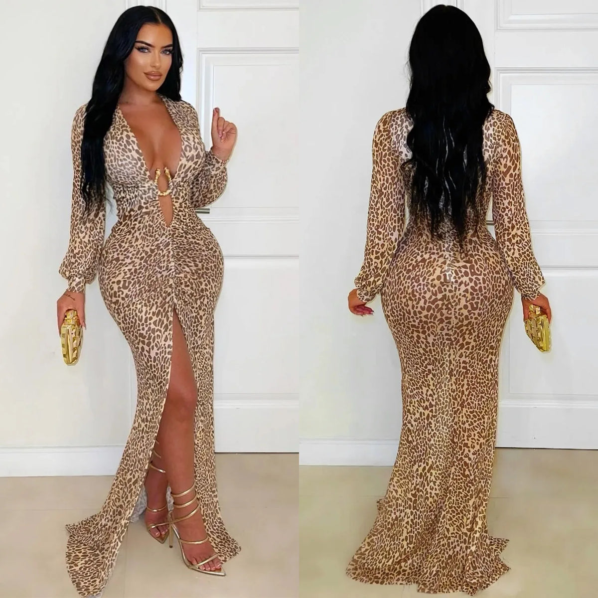 Leopard Print Deep V Neck High Slit Maxi Dress for Women