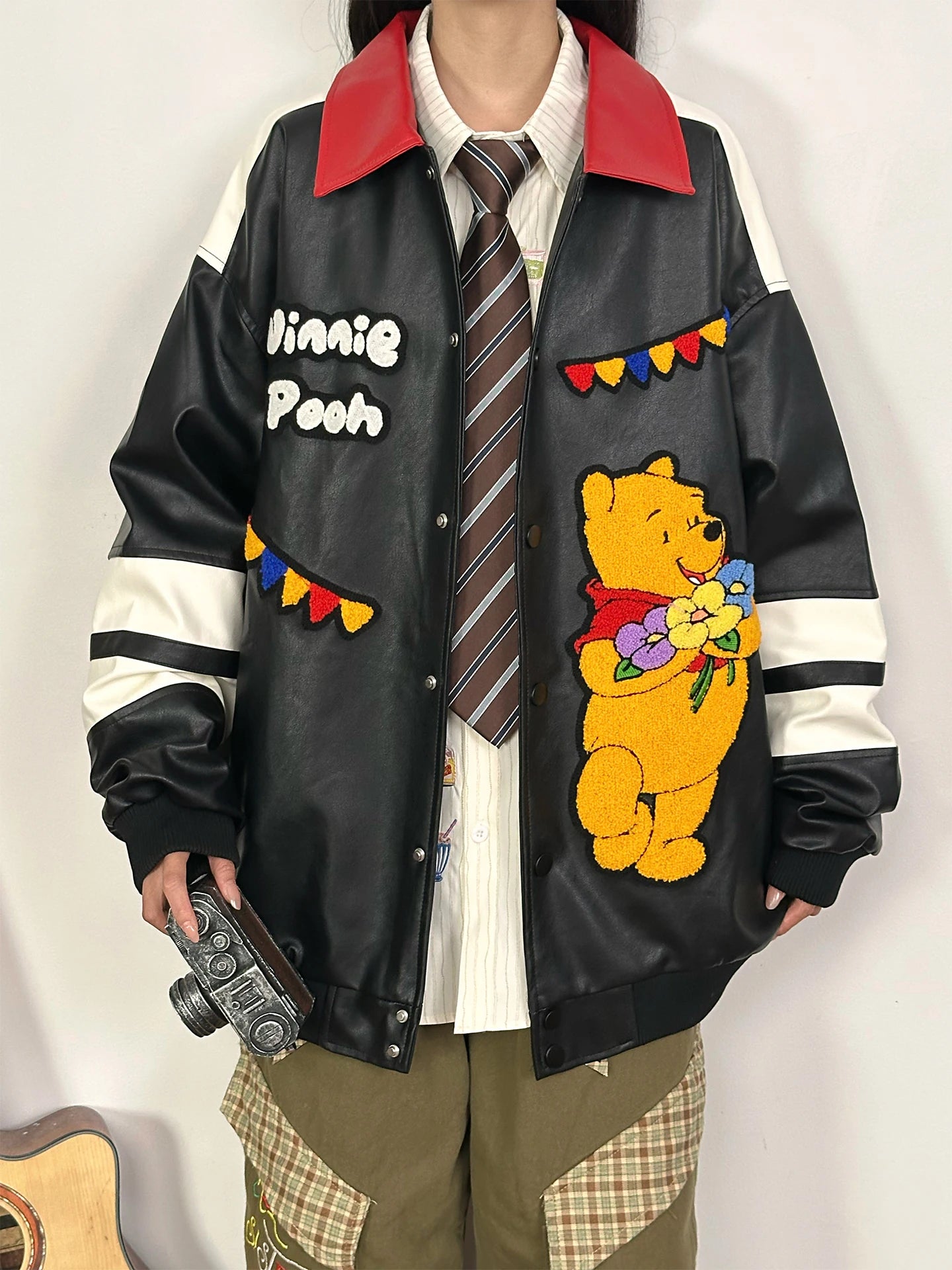 American Retro Bear PU Leather Jacket for Women Autumn and Winter Casual Loose Top Loose-Fitting Casual Couple Leather Jacke