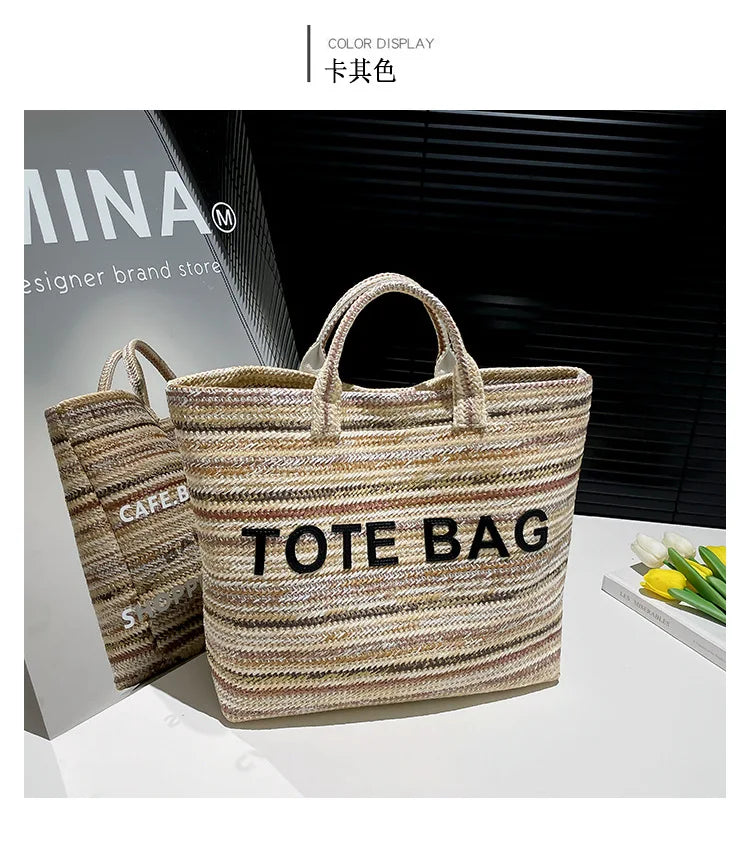 Large capacity beach woven bag, colorful striped tote bag, letter contrasting handbag for women