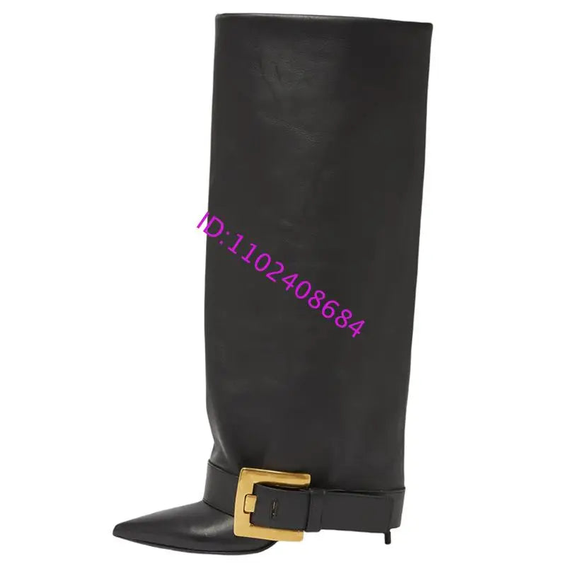 Design Women Metal High Heel Pointed Toe Belt Buckle Knee High Boots Sexy Women Pointy Gold Belt Buckle Knee Boots Plus Size 46